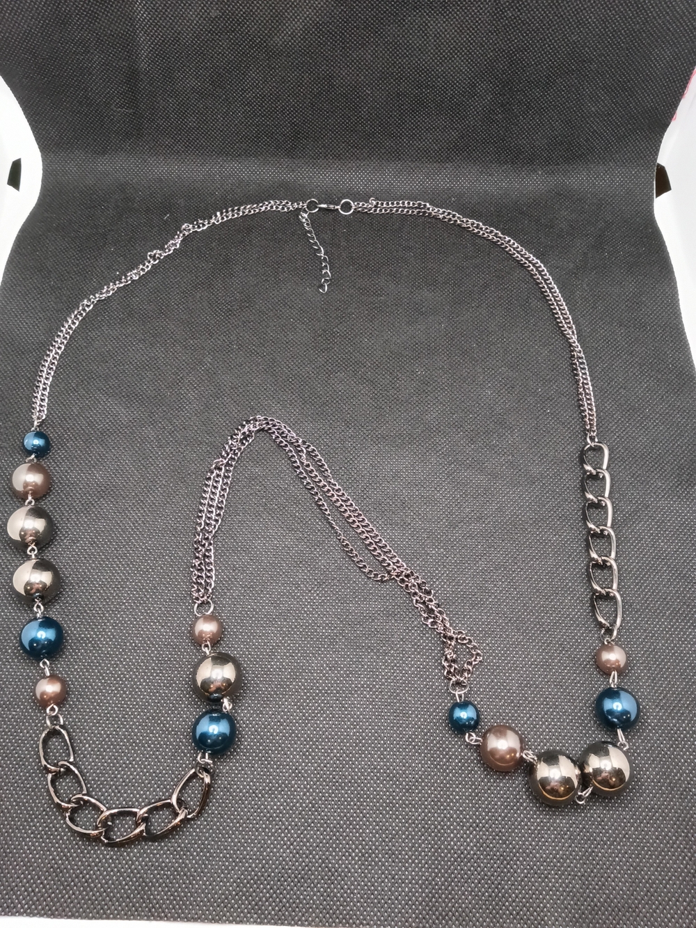 Multi-Strand Metallic Bead Necklace in Blue and Silver